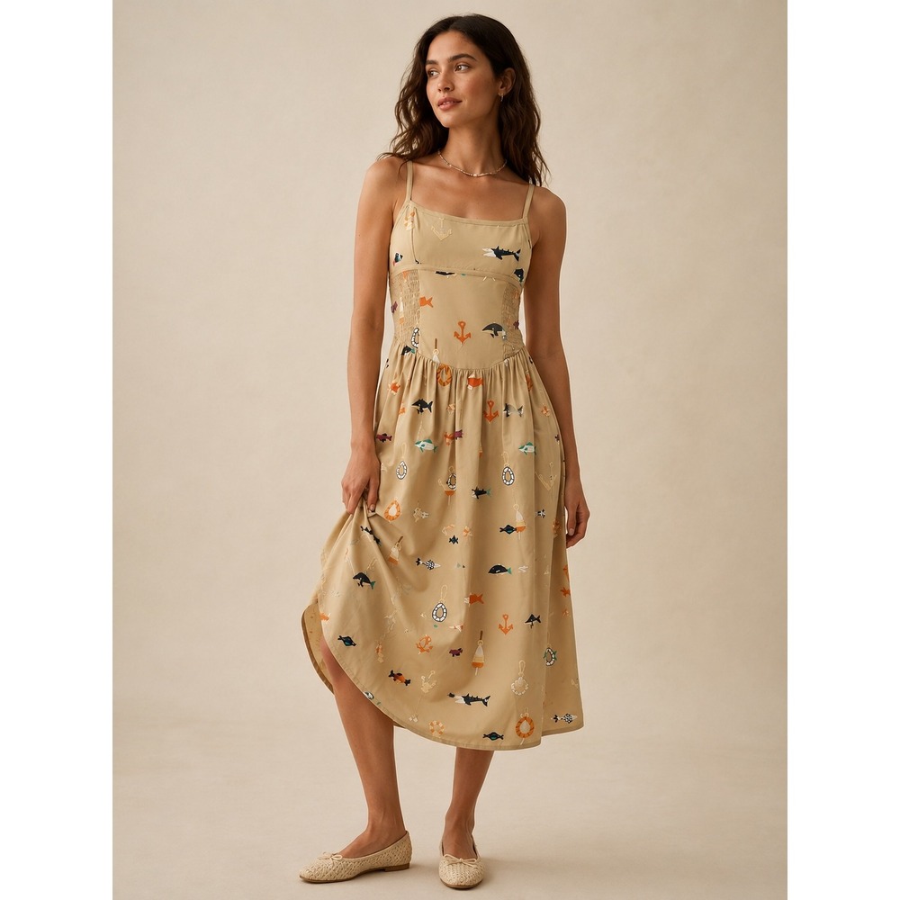 Maeve Anthropologie Nautical Embroidered Midi Dress Tan Khaki Smocked Waist S